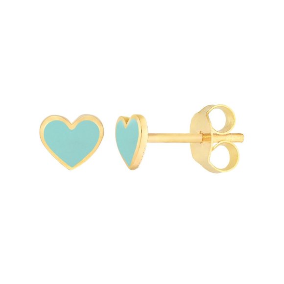 14K Solid Gold Small Turquoise Enamel Heart Stud Earrings